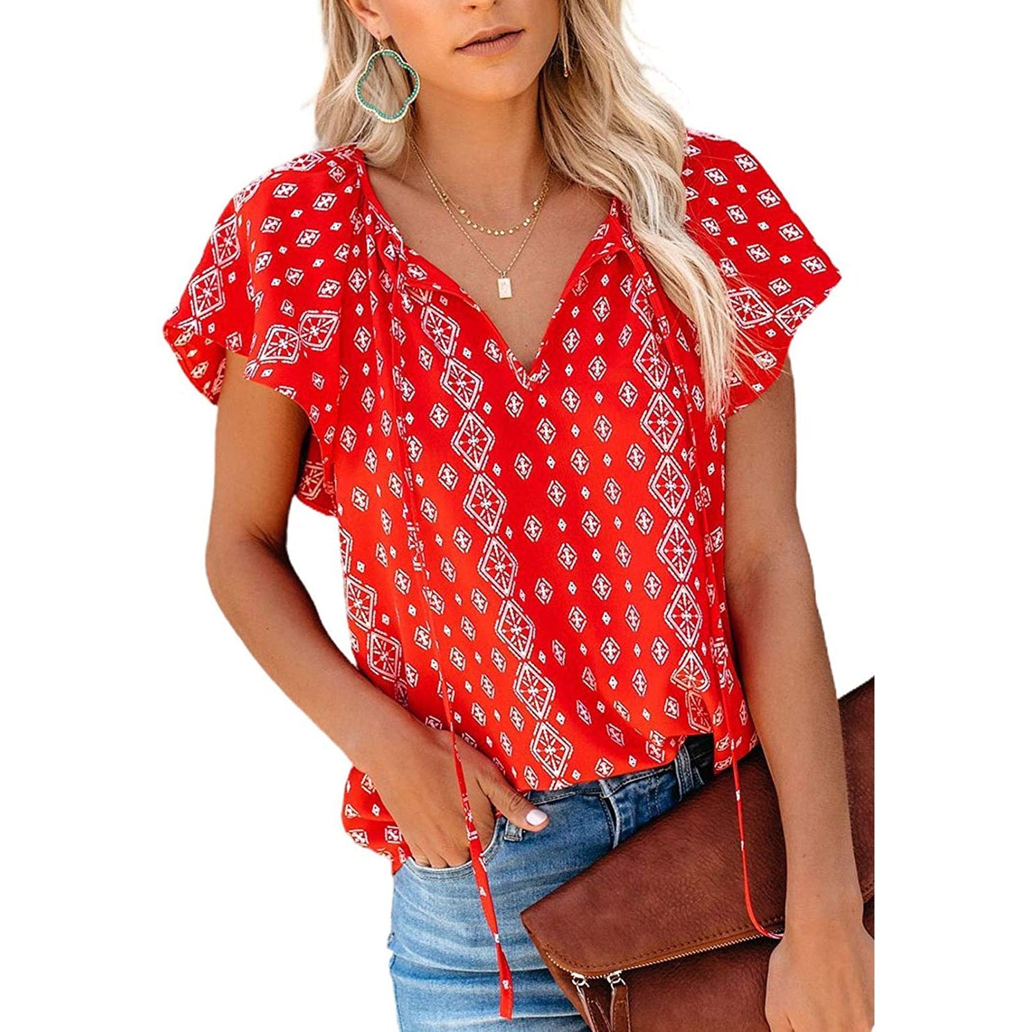 Women's Casual Boho Floral Printed V Neck Tops Drawstring Blouse Comfortable Cheap Pice