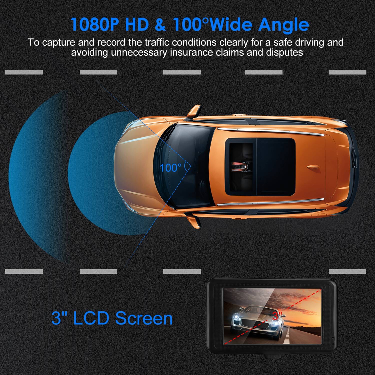 1080P Car DVR 3 Camera Dash Cam with 100° Angle Loop Recording Motion Detection Free Shipping Fashionable