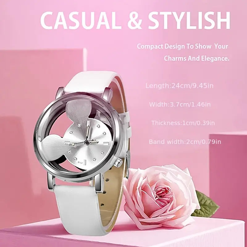 Girls Cute Elegant Hollow Out Mouse Quartz Watch With Faux Leather Band Fashionable For Sale