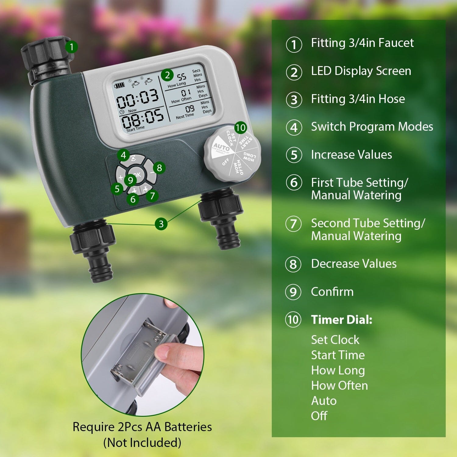 Digital Programmable Sprinkler Timer with 2 Outlet Zones Clearance Original