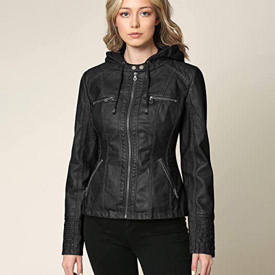 Lock and Love Women's Removable Hooded Faux Leather Jacket Sale Big Discount