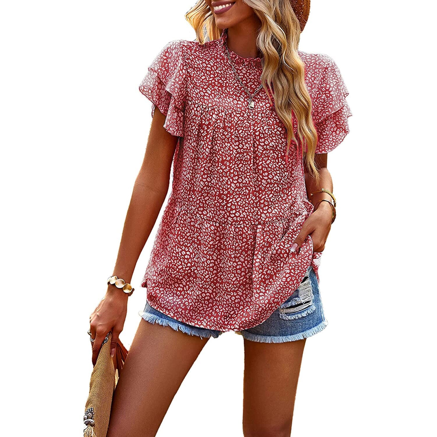 Women's Casual Summer Tops Ruffle Short Sleeve Mock Neck Fashion Floral Chiffon Blouse Shirts Popular