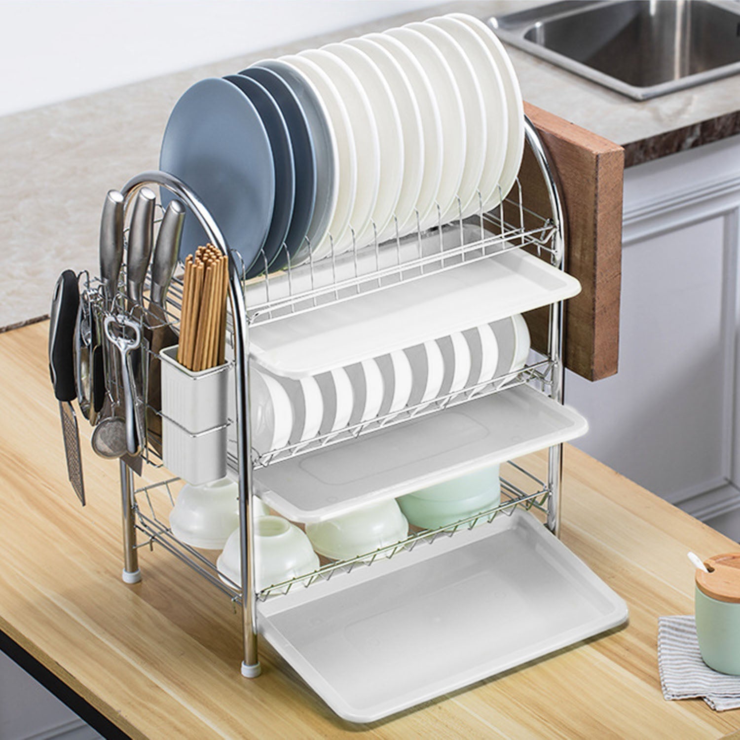 3-Tier Dish Drying Rack Shelf with 3 Drain Trays Chopping Board For Cheap Sale Online