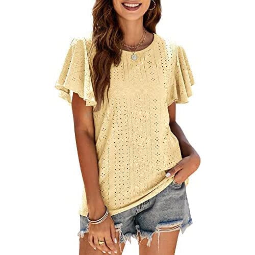 Womens Casual T-Shirts Summer Crew Neck Ruffle Sleeve Tees Tunic Tops Free Shipping Low Pice Fee Shipping