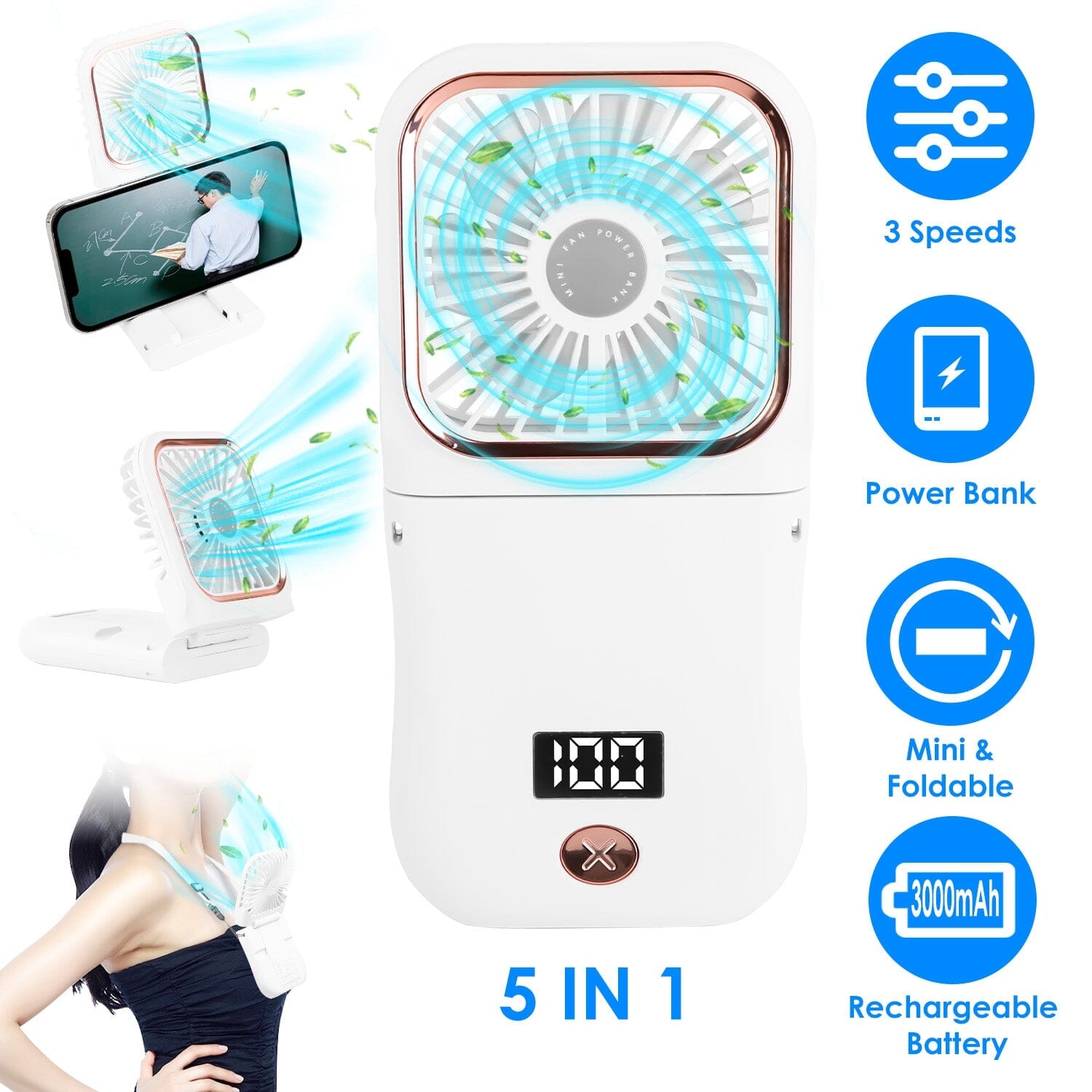 5-in-1 Folding Rechargeable Hands Free Mini Fan Free Shipping Looking For