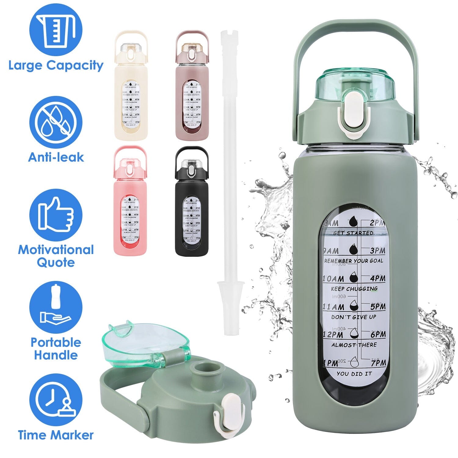 Motivational Water Bottle Intake Tracker with Straw Time Marker Silicone Sleeve Handle Outlet Sast