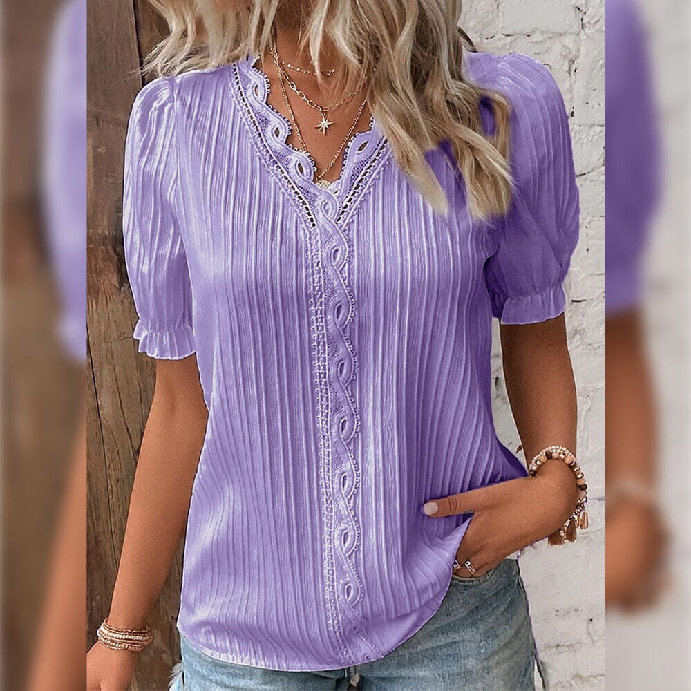 Women's Shirt Blouse Plain Lace Short Sleeve Casual Basic V Neck Free Shipping