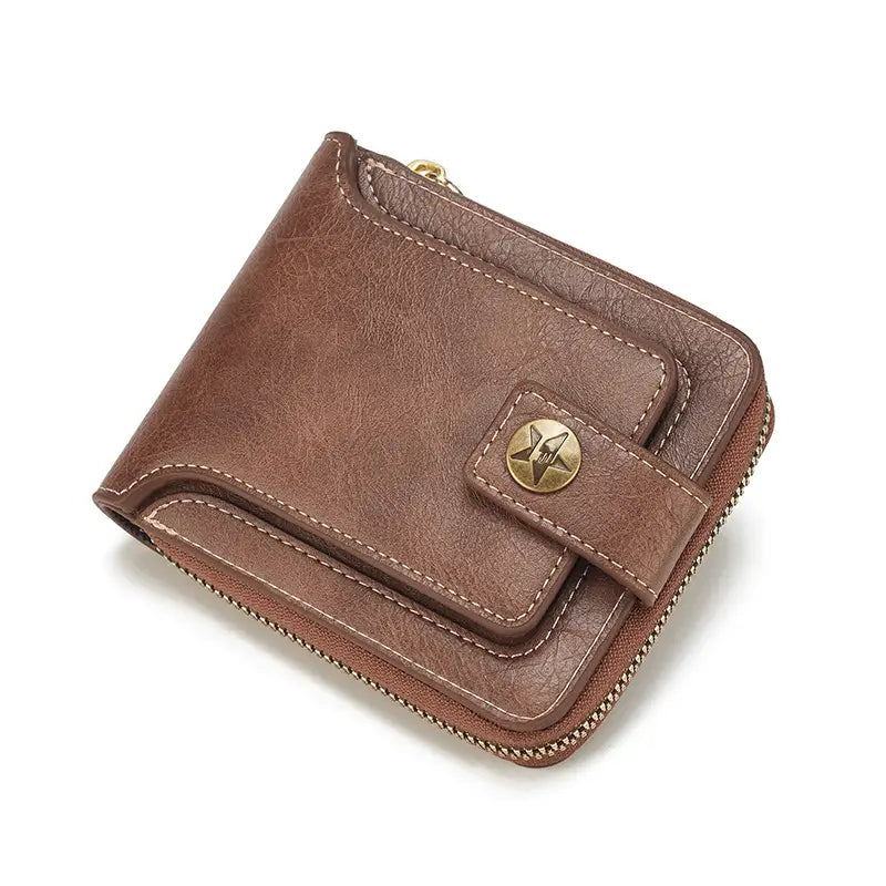 Men's PU Leather Solid Color Business Wallet, Card Holder With Zipper & Button Quality Free Shipping