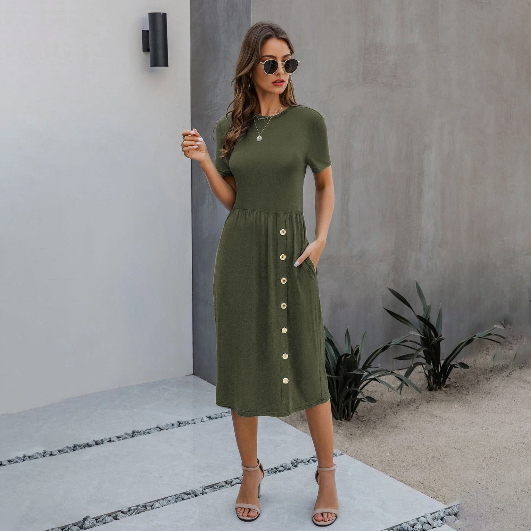 Slant Pocket Button Detail Dress Cheap Sale Release Dates