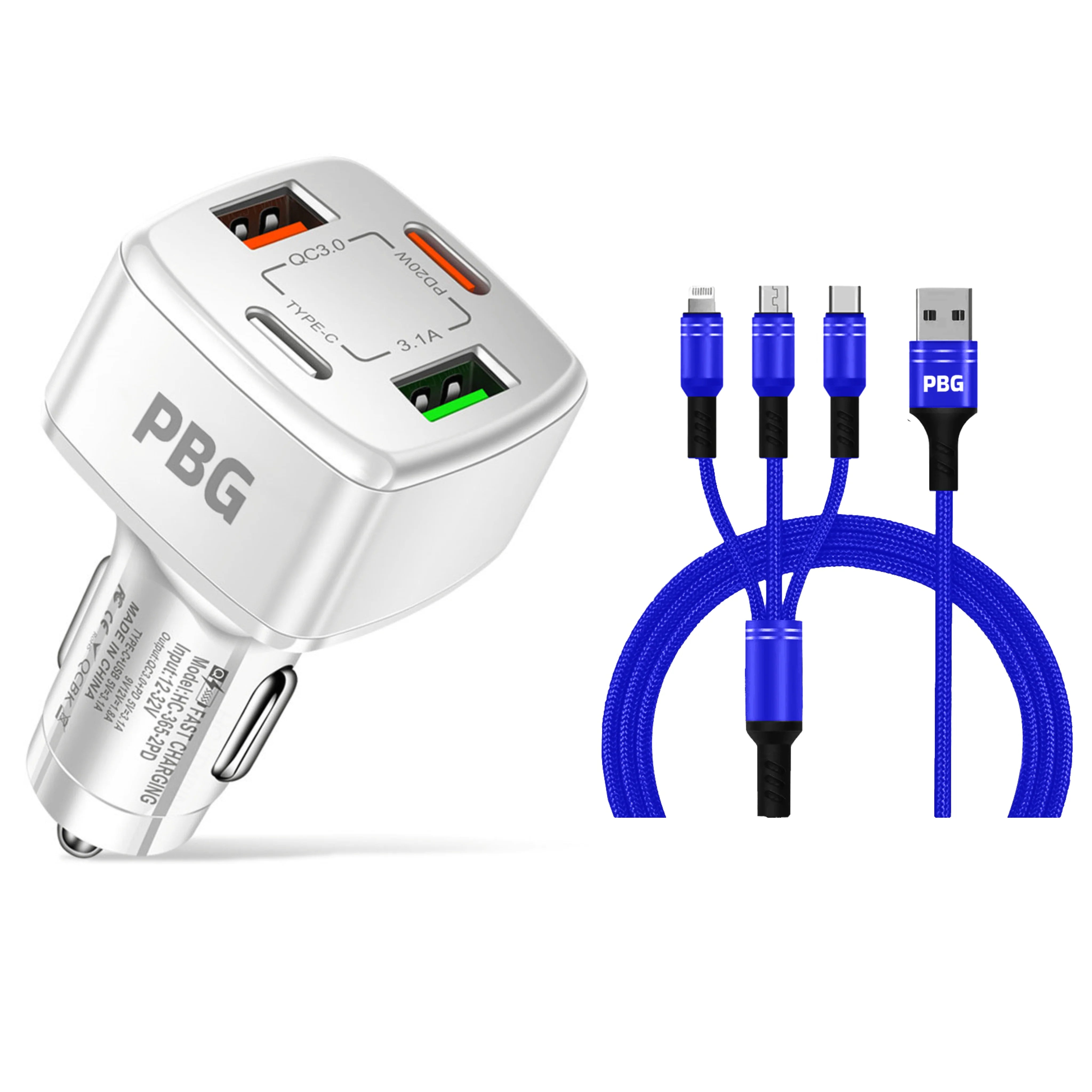 PBG 4 Port Car Charger and 4FT - 3 in 1 Nylon Cable Combo Fast Delivery Online