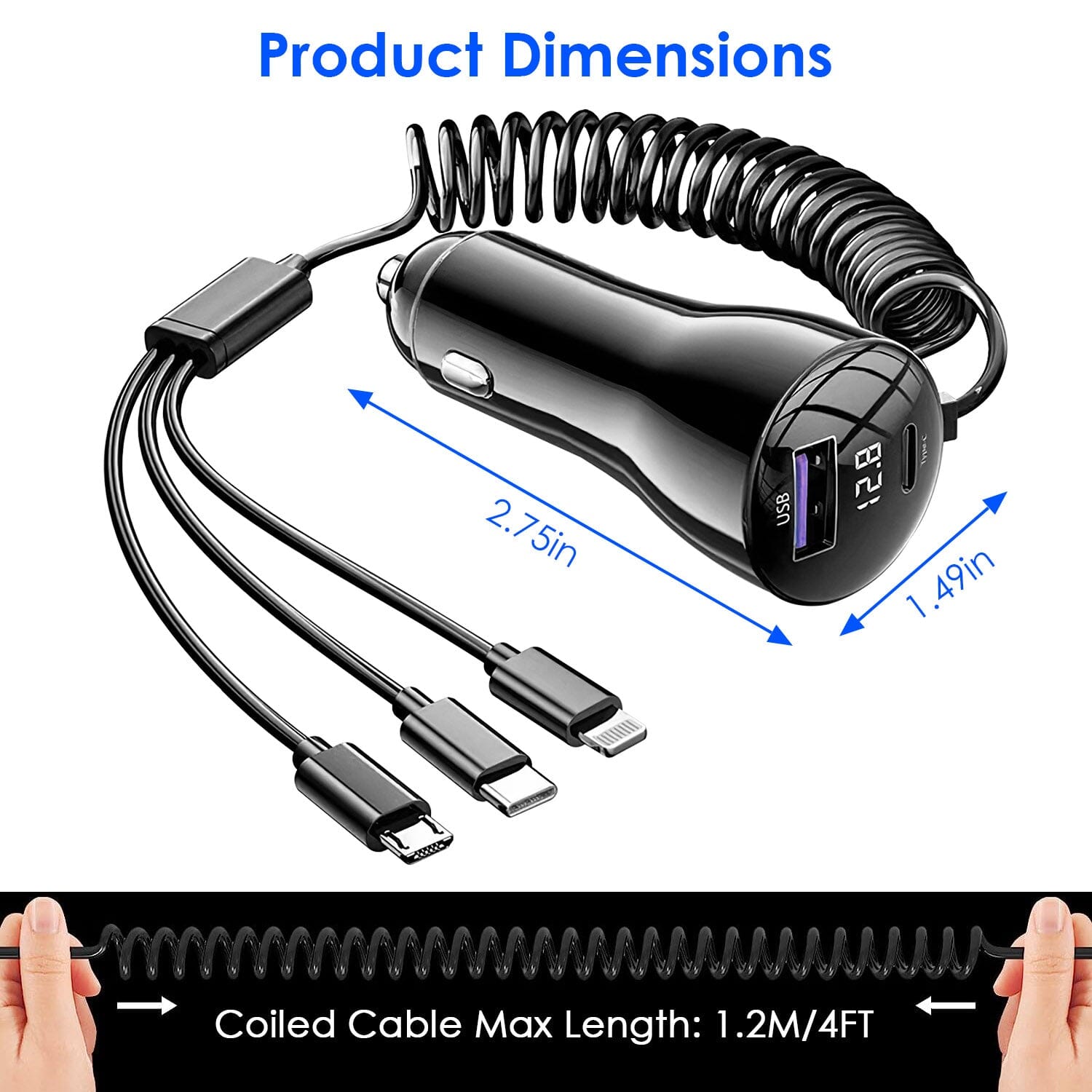 5-in-1 Fast Charge Car Charger QC PD USB Type C LT 5 Port with 4ft Coiled Cable Outlet Good Selling