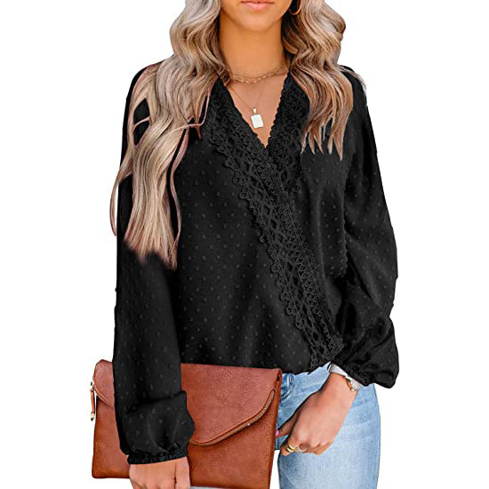 Women's V Neck Chiffon Lace Pom Pom Long Sleeve Top Clearance Official