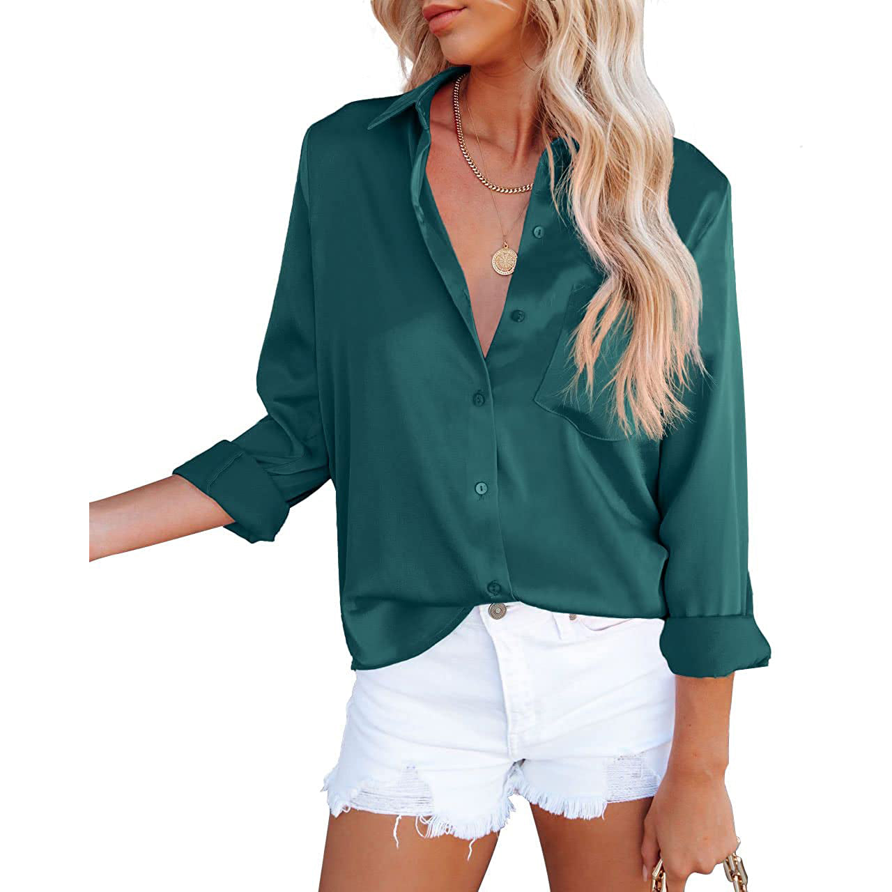 Women's Button Down Shirts Satin V Neck Long Sleeve For Nice Cheap Online