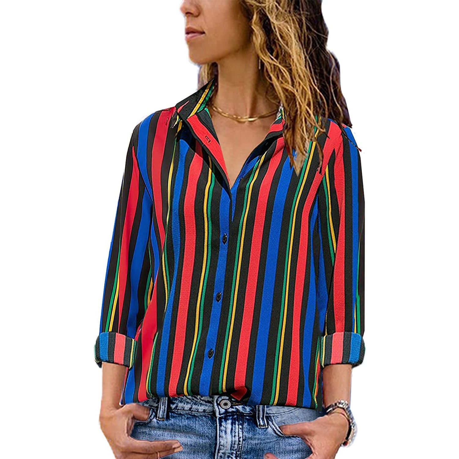 Womens V Neck Striped Roll up Sleeve Button Down Blouses Top Cheap With Credit Card