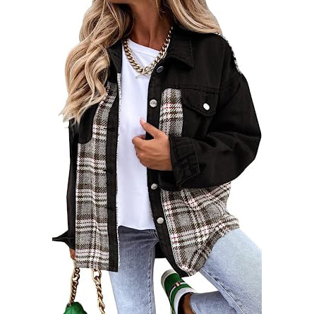 Women's Denim Jacket Long Sleeve Plaid Button Down Shirts Shacket Discount Pices