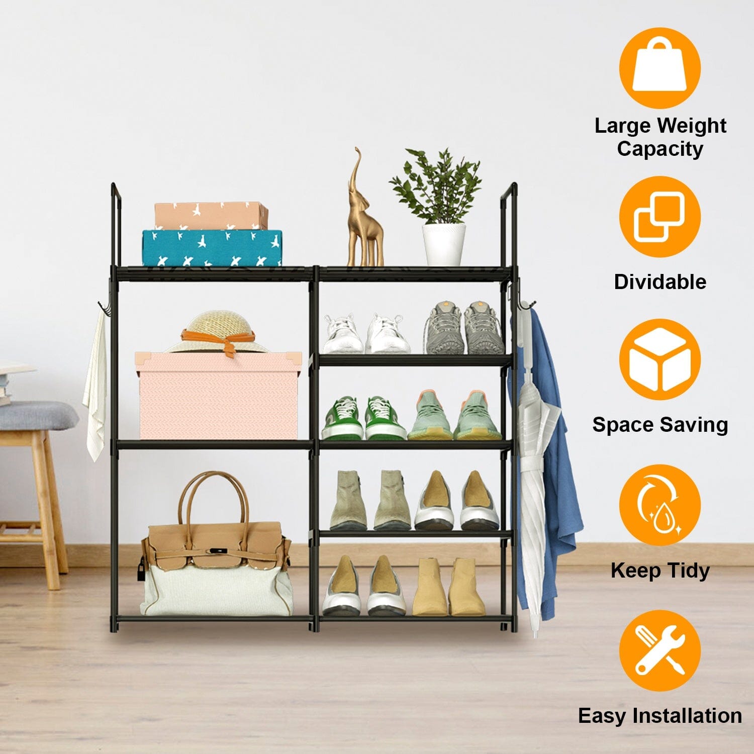 Metal Shoe Storage Shelf Free Standing Shoe Stand with 2 Row Hooks For Nice Cheap Online