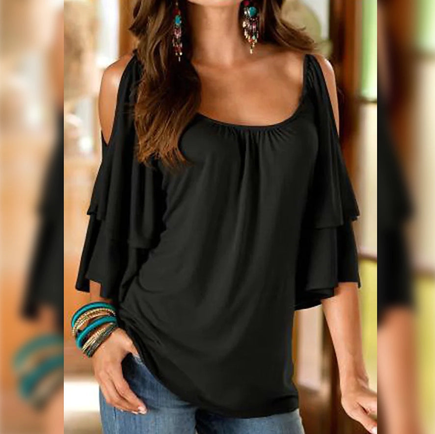 Women's T-Shirt Plain Ruffle Cold Shoulder Short Sleeve Clearance Store Sale Online