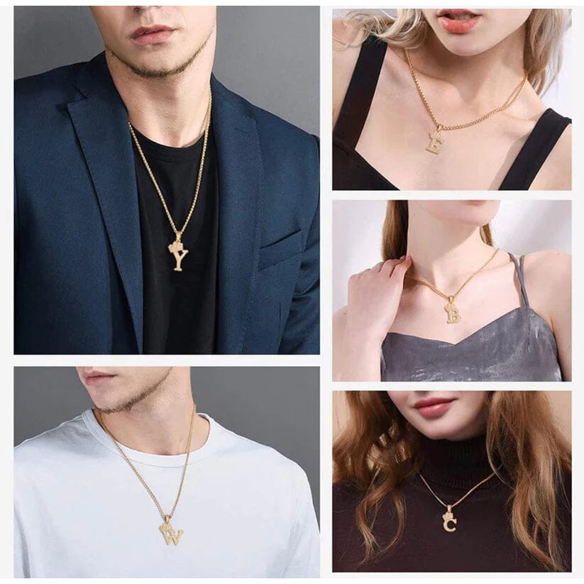 Stainless Steel Gold Overlay Hip Hop Crown A-Z Letters Necklace for Men and Women Outlet Buy