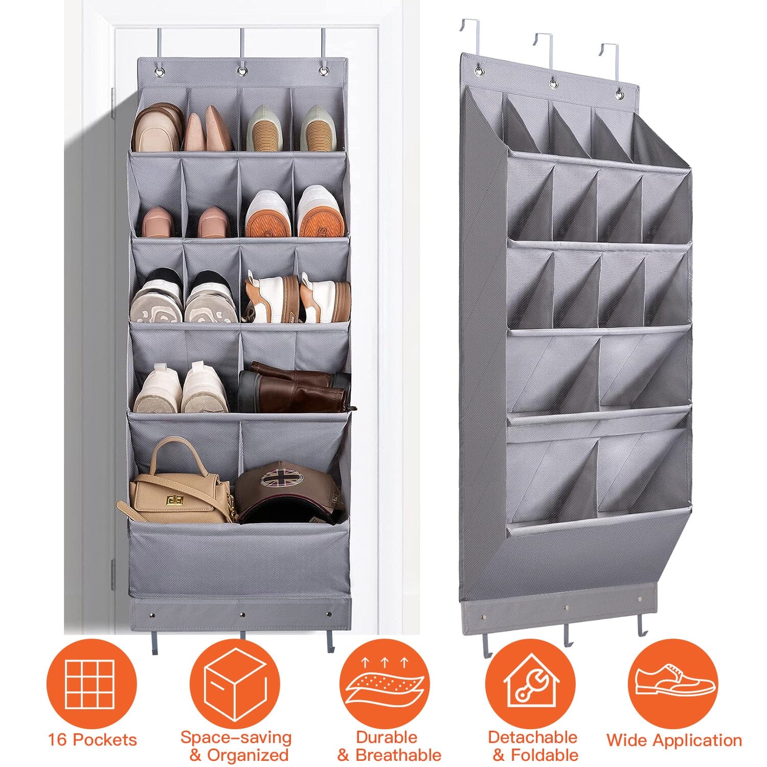 16 Pockets Over The Door Shoe Organizer 5 Tier with 6 Hooks Clearance Clearance