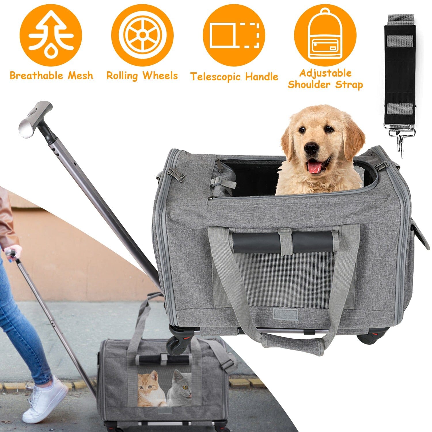 Airline Approved Rolling Pet Carrier with Telescopic Handle Shoulder Strap Pay With Paypal For Sale