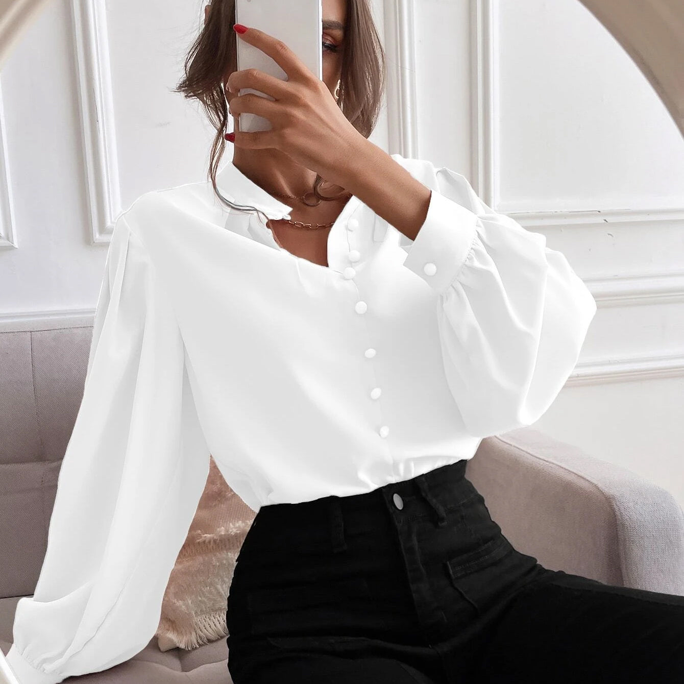 Bishop Sleeve Button Up Blouse Sale Sast