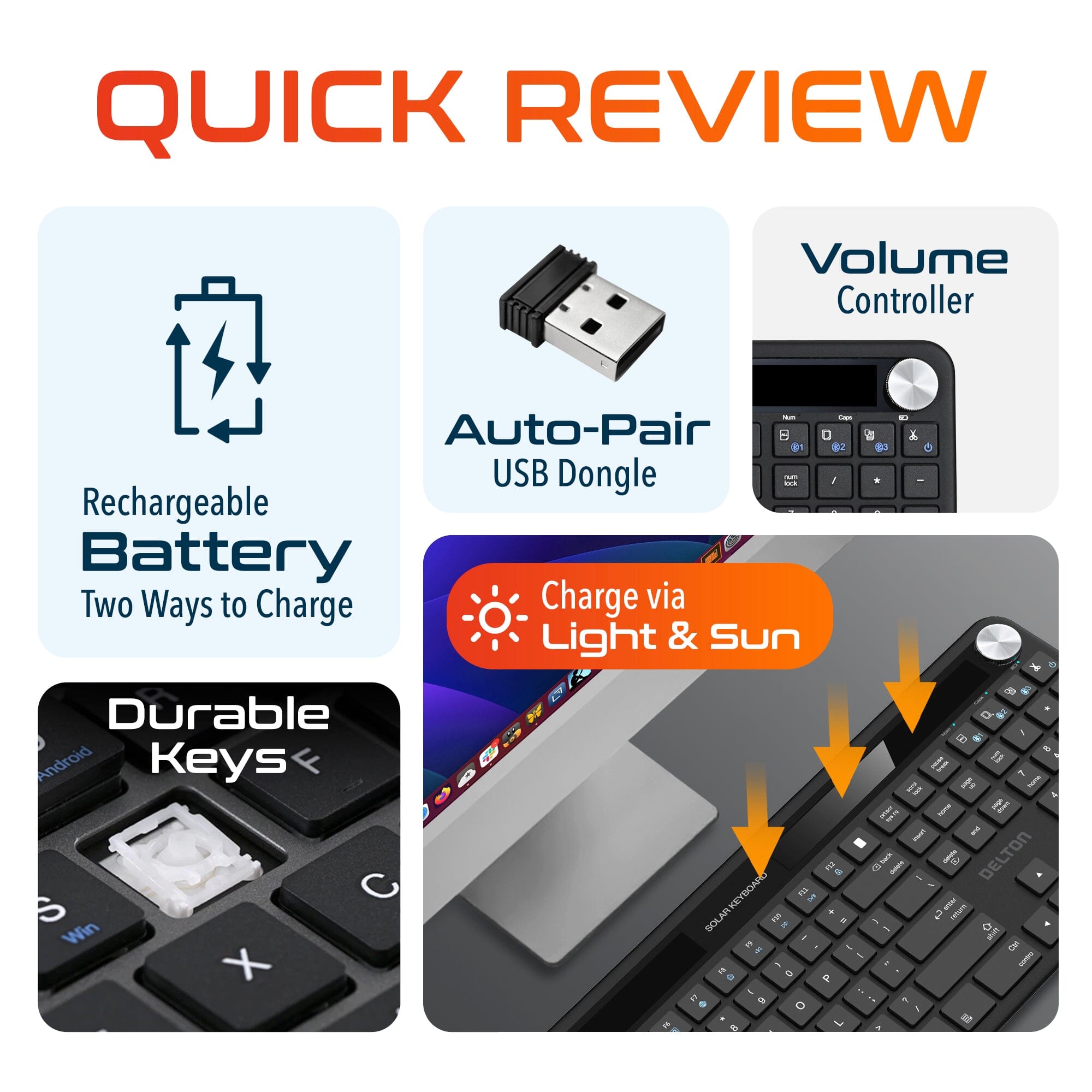 Delton KB90 Wireless Solar Keyboard, Rechargeable Wireless Keyboard with Quiet Keys, Solar Recharging Keyboard, Bluetooth Keyboard for Computer /Desktop /PC /Laptop /Windows. Outlet Explore