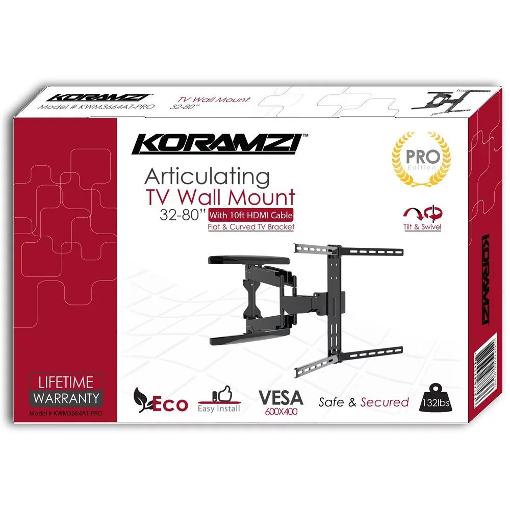 Full motion Articulating TV Wall Mount/ TV Bracket for Curved & Flat Panel TV, Fits 32 to 80 TVs 600X400 VESA Inc 10ft HDMI Cable and Bubble Level- Koramzi KWM3664AT-PRO Cheap Sale Countdown Package