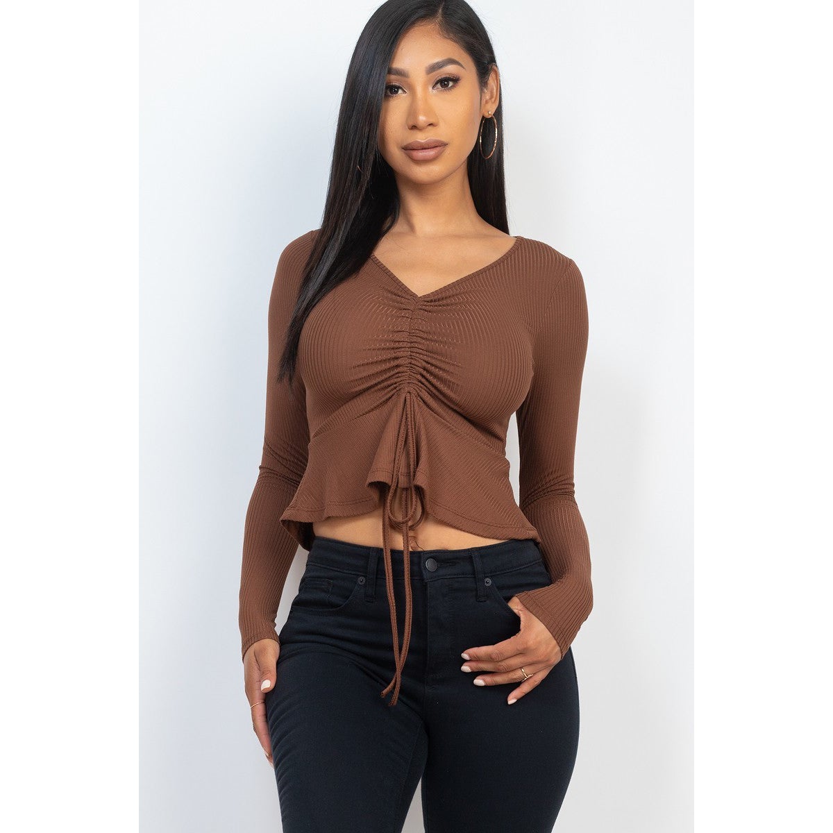 Ribbed Drawstring Front Long Sleeve Peplum Top For Sale Cheap Pice From China