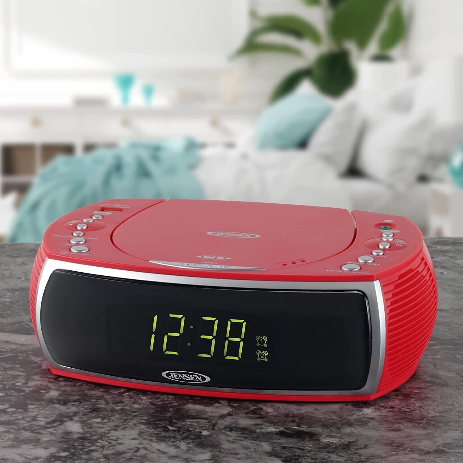 Jensen JCR-322R Modern Home CD Tabletop Stereo Clock Digital Display AM/FM Radio CD Player Dual Alarm Clock (Red) Many Kinds Of Sale Online