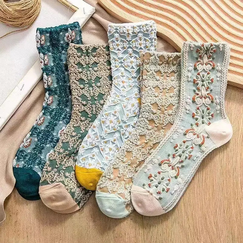 5-Pairs: Flower Geometric 3D Textured Ankle Cotton Blend Cottage Core Lucky Socks Clearance Online Fake