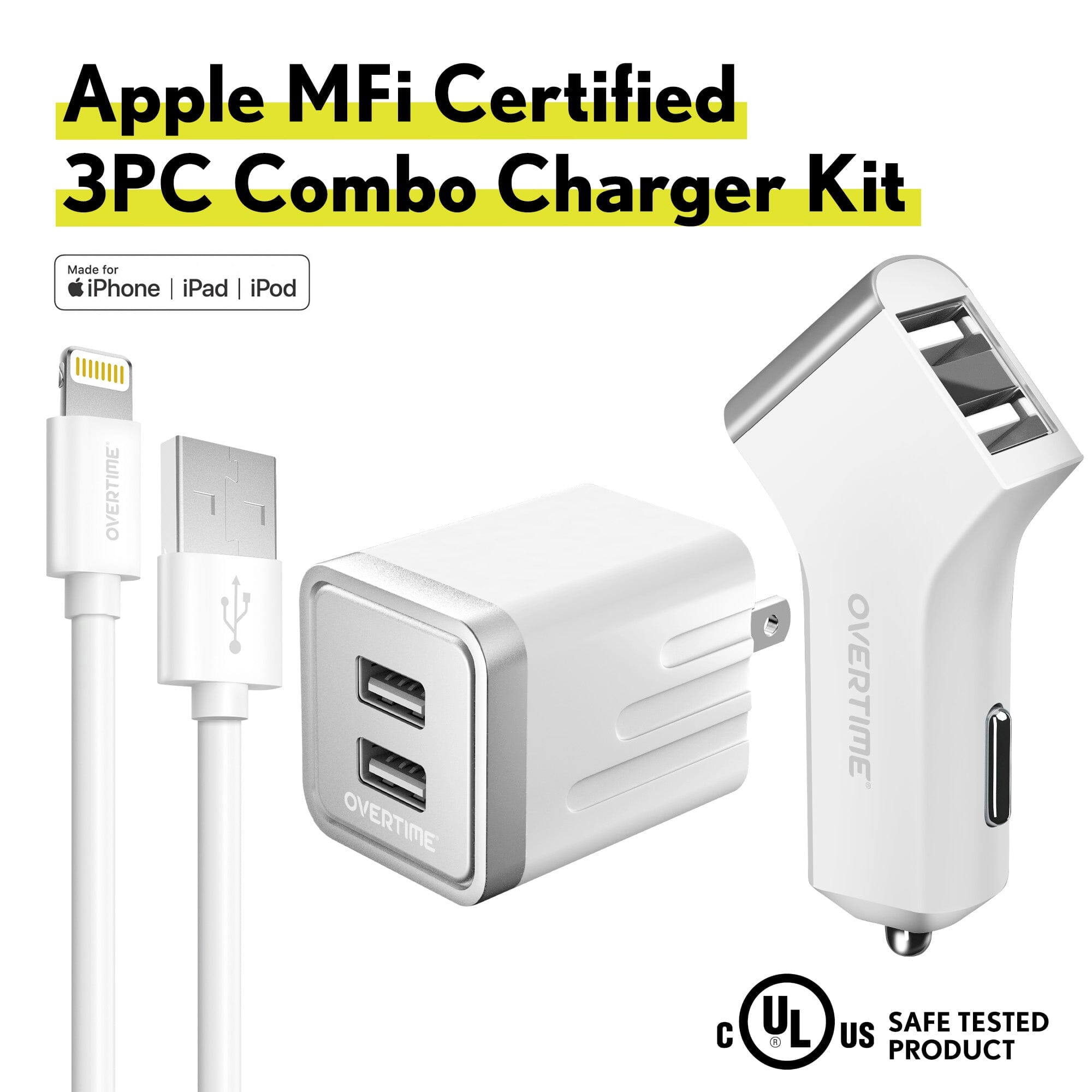 Overtime Home and Car Complete Charging Kit: Fast Wall & Car Chargers + Durable Lightning Cable Outlet With Paypal Order