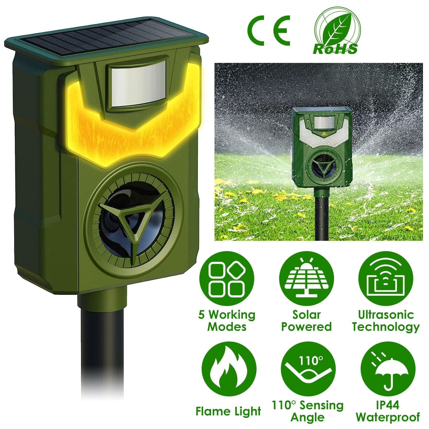 Solar Ultrasonic Animal Repeller with Flame Light USB Charge Motion Sensor Choice Cheap Pice