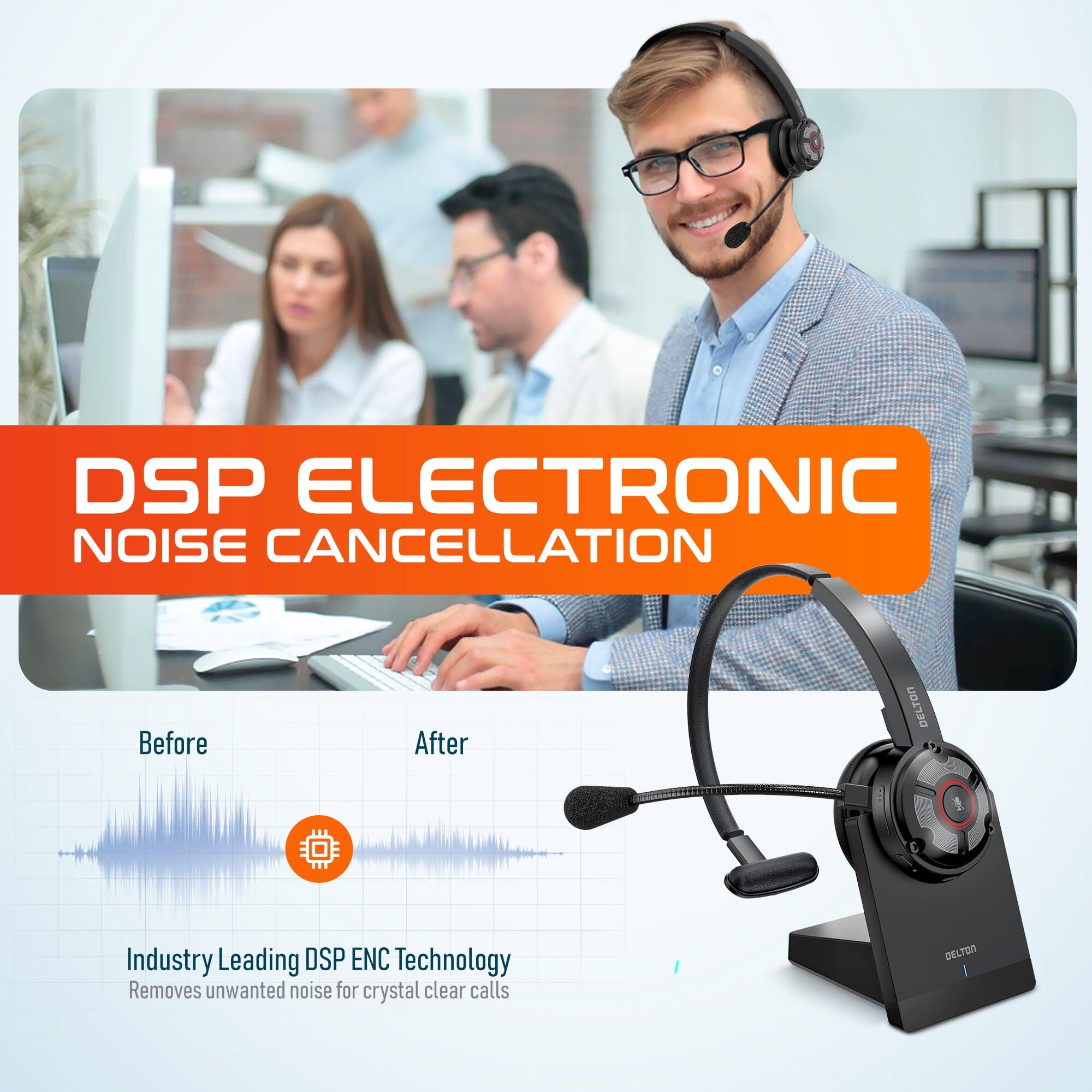 Delton 50X Noise Canceling Bluetooth or Auto Pair USB Dongle Headset with Charging Dock Clearance Great Deals