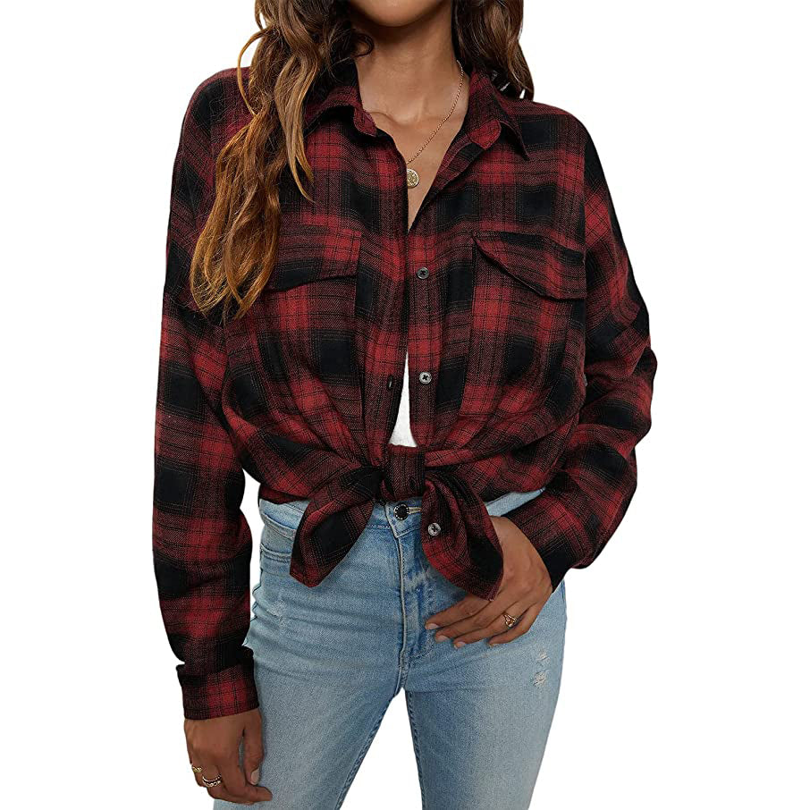 Women's Button Flannel Shirt Plaid Long Sleeve Top Classic Cheap Pice