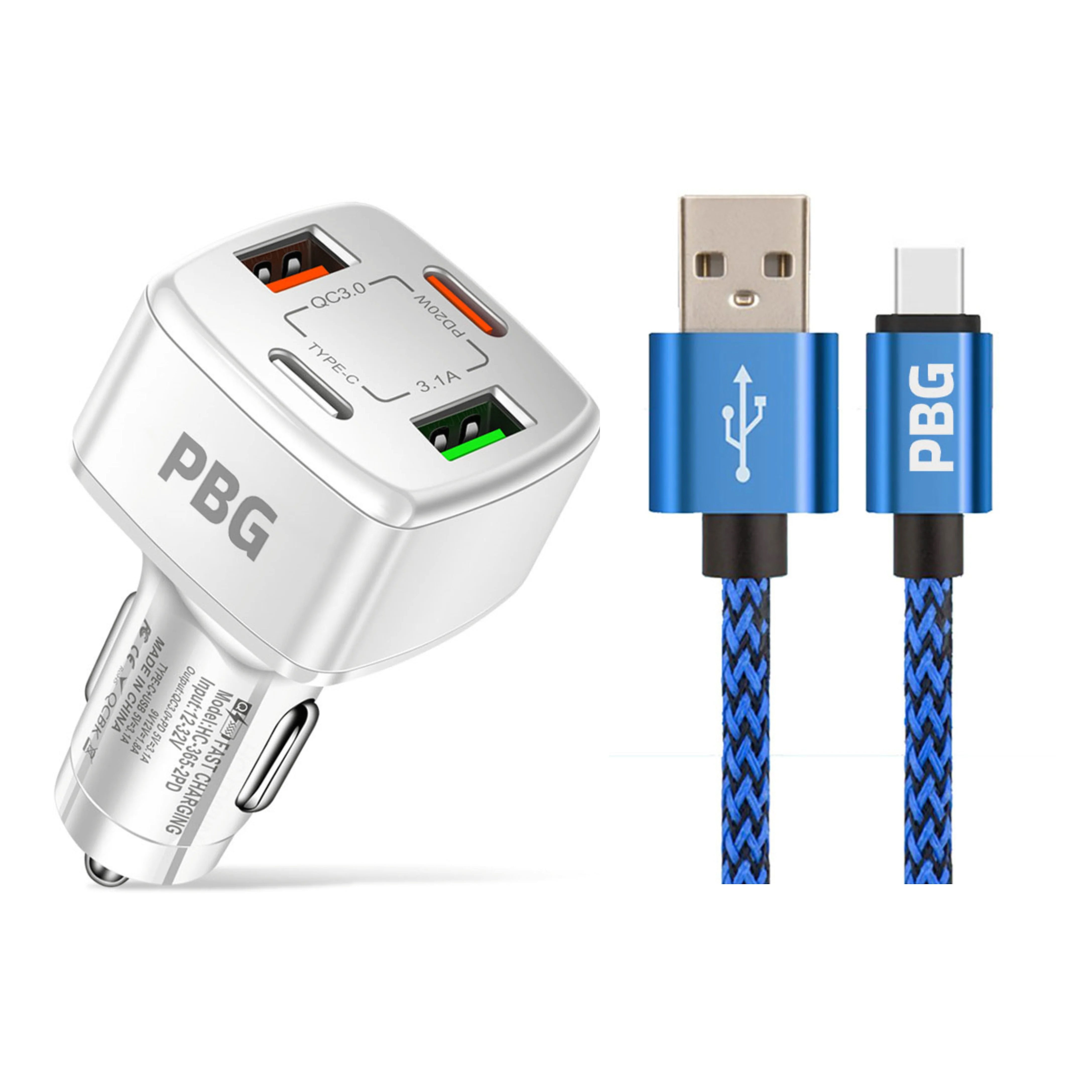 PBG 4 Port PD/USB Car Charger and 10Ft. Zebra Style Lightning Cable Bundle Sale View