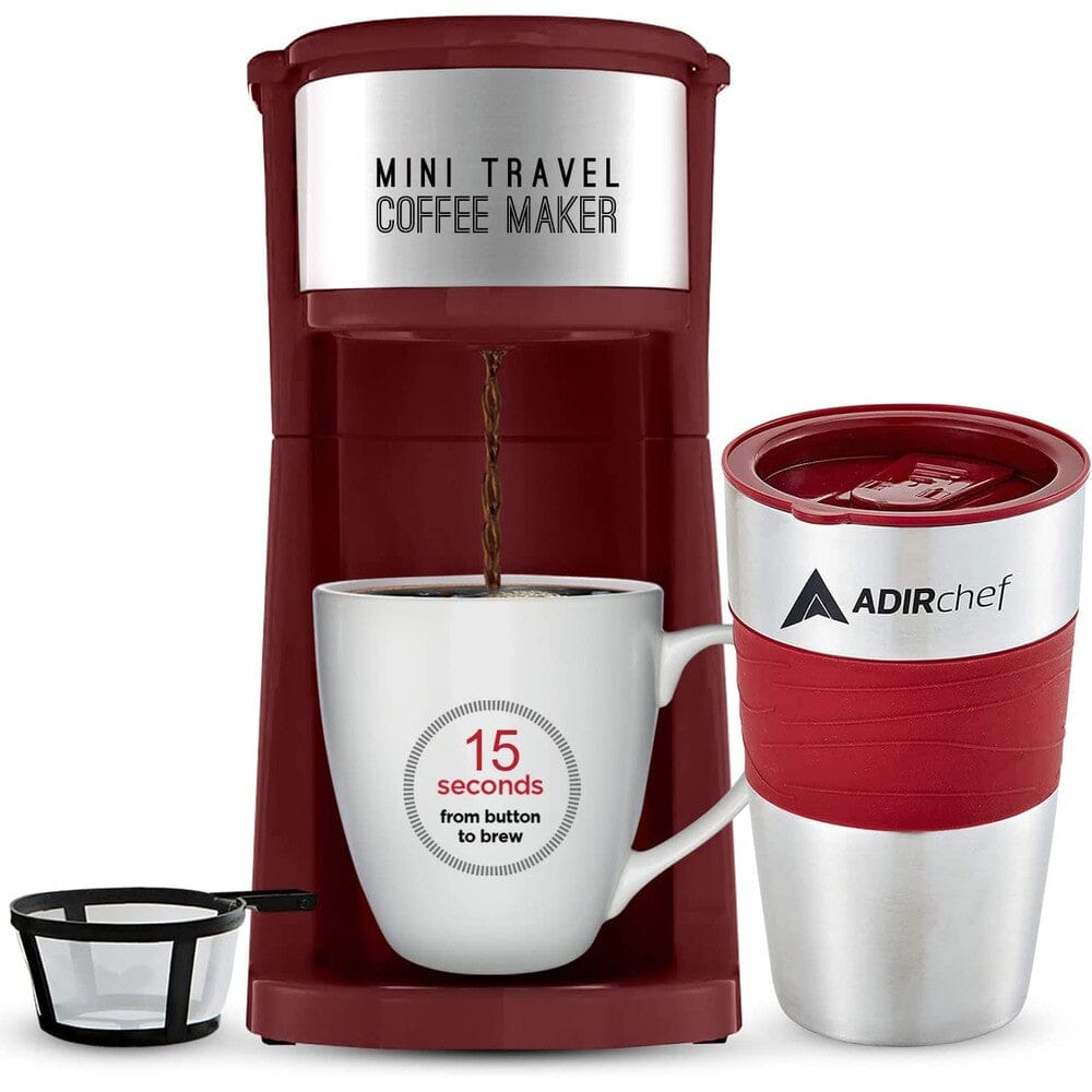 AdirChef Mini Travel Single Serve Coffee Maker & 15 oz. Travel Mug Coffee Tumbler & Reusable Filter Outlet Choice