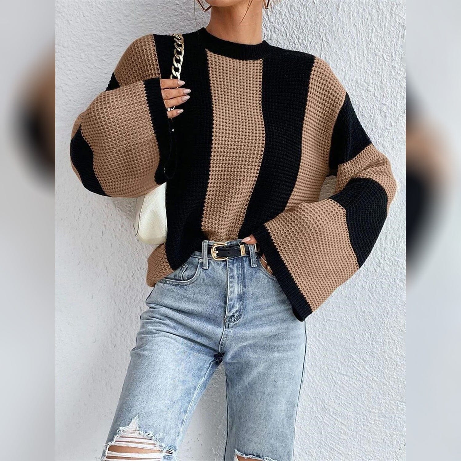 Women's Pullover Ribbed Knit Patchwork Striped Sweater Sale Low Cost