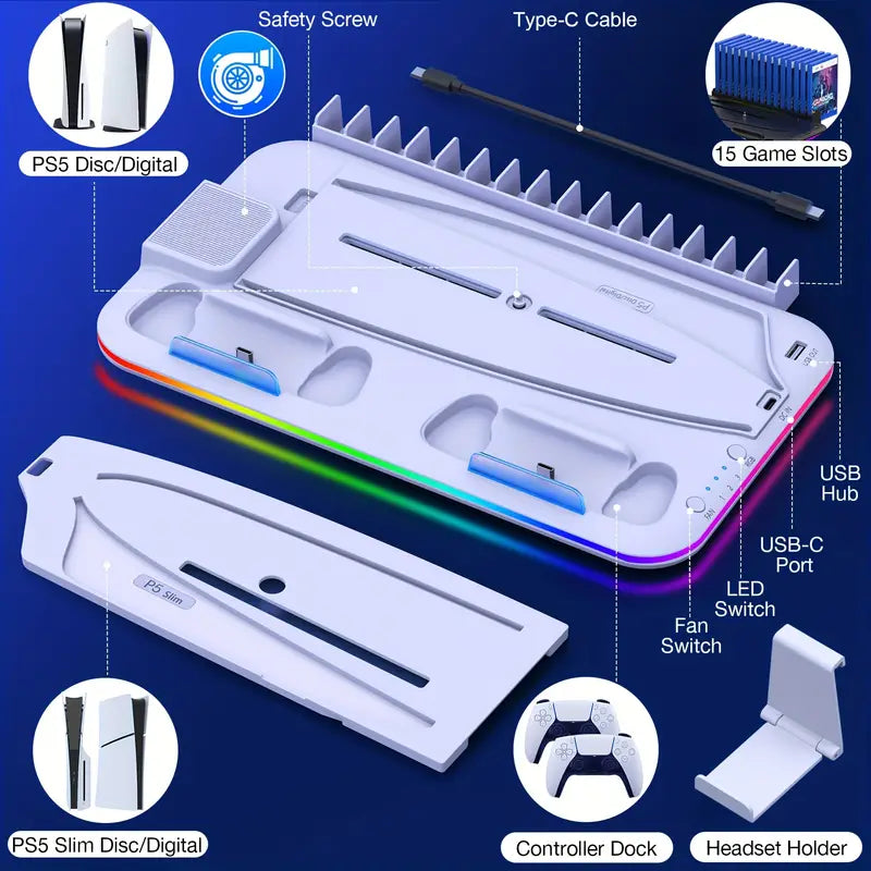 PS5 Cooling Stand with 3-Speed Adjustable Fan, RGB Lights, and Compact Design for PS5 Slim, Digital Discount Popular