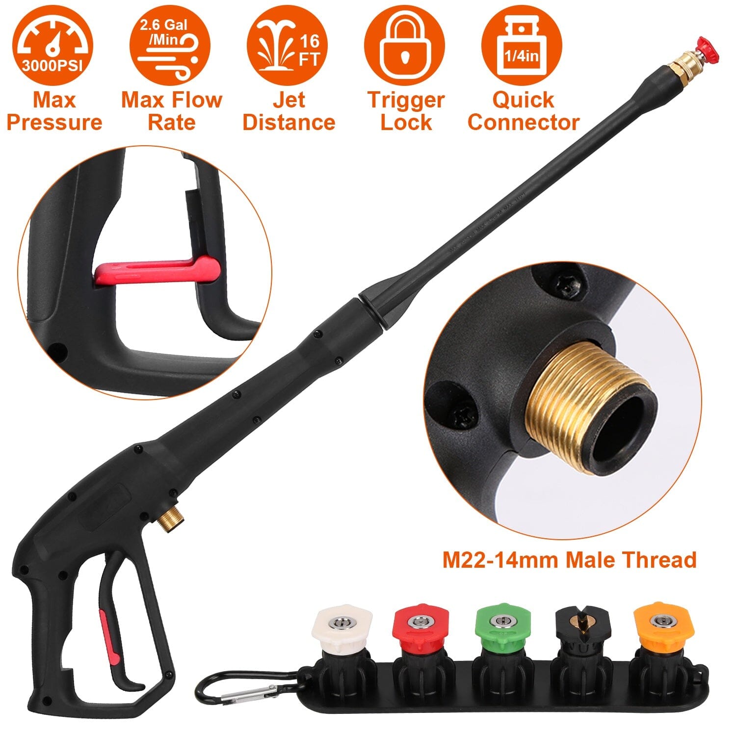 3000PSI Pressure Washer Gun Car Foam Sprayer with Jet Wand 5 Nozzle Tips M22-14 Connector In China Cheap Online