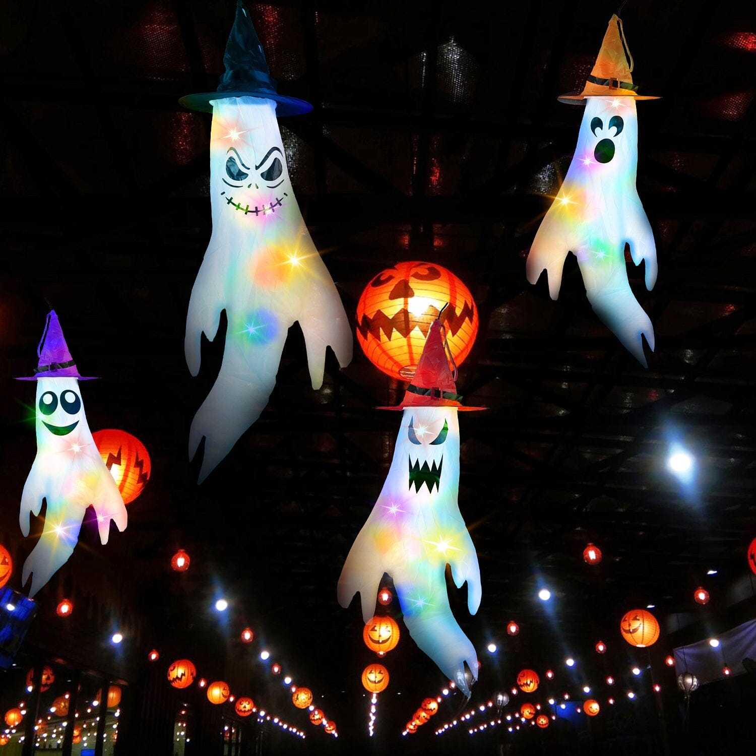 4-Pieces: Halloween Ghosts with Witch Hats Windsocks Hanging Decoration with Colorful LED Light For Sale 2025