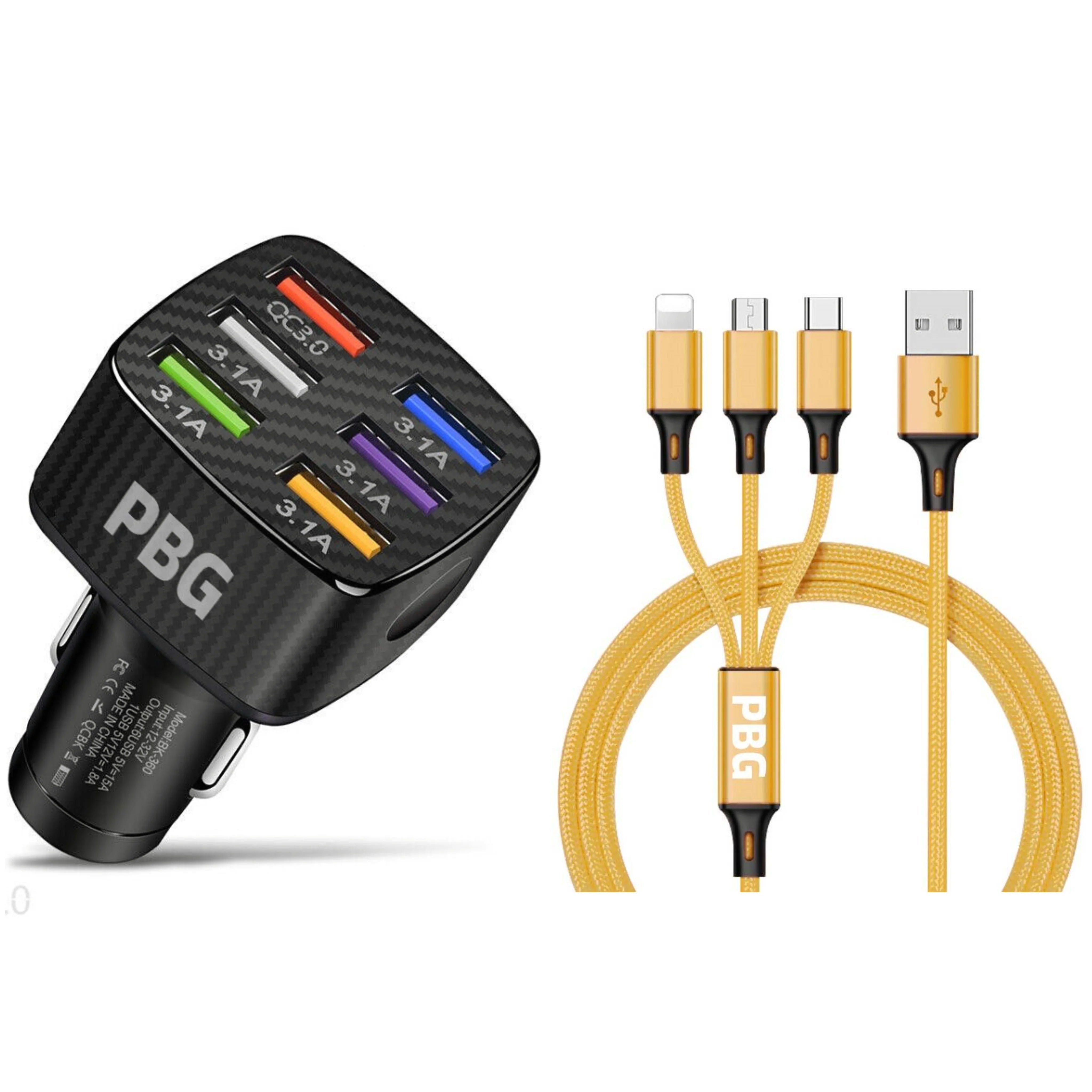 PBG Black LED 6 Port Car Charger and 4FT- 3 In 1 Cable Combo Buy Cheap 2025