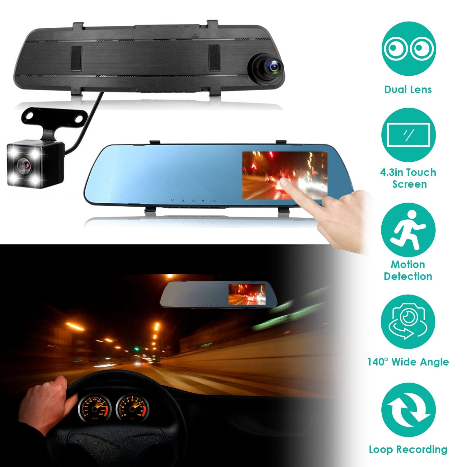 1080P Car DVR 4.3inches Dash Cam with 140° Angle Loop Recording Explore