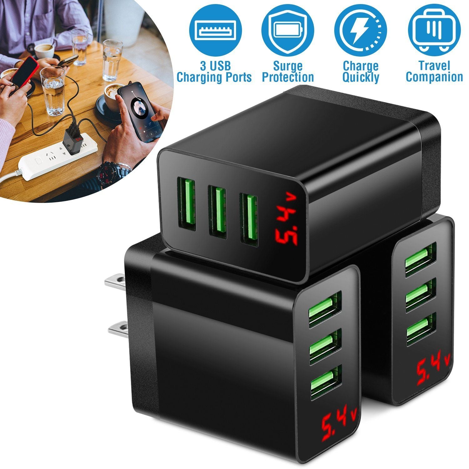 3-Pack: 3-Port USB Hub Charger Wall Power Charging Plug Adapter Best Seller