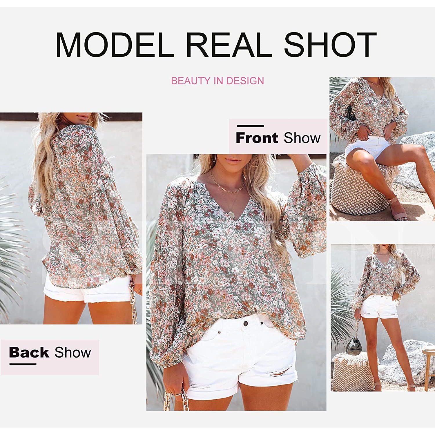 Womens Casual Boho Floral Print V Neck Long Sleeve Loose Blouse Clearance In China