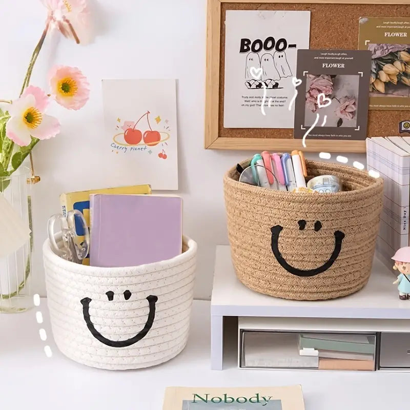 Happy Face Woven Storage Basket Cheap Sale Best Store To Get