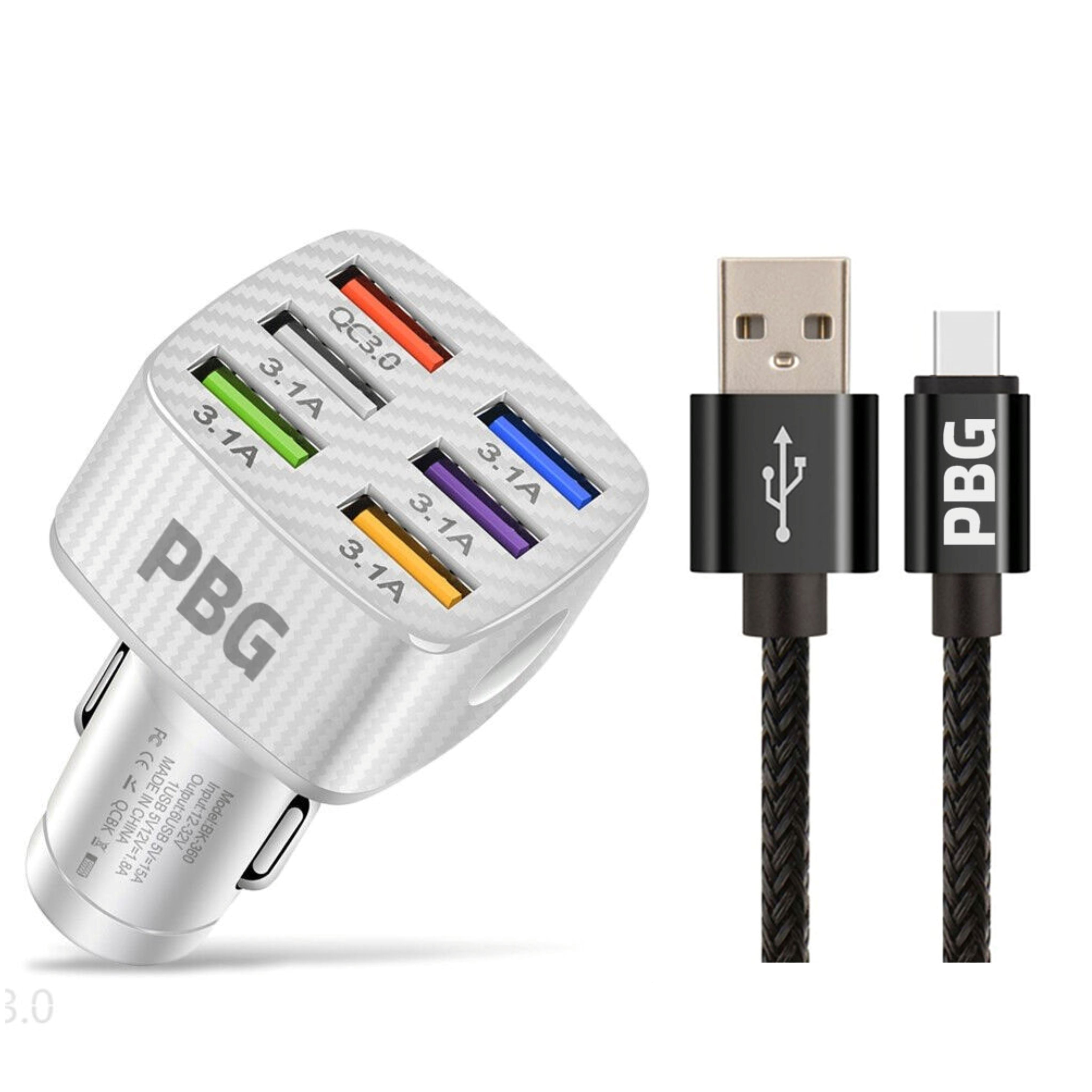 PBG LED 6-Port Car Charger and 10FT XL Zebra Lightning Cable Combo Low Pice Fee Shipping
