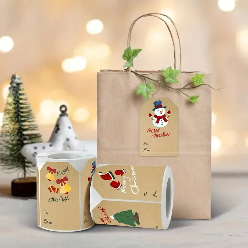 250 Pieces/Roll Christmas Stickers - 2x3 Kraft Paper Tree Socks Snowman Elk Merry Christmas Outlet Clearance