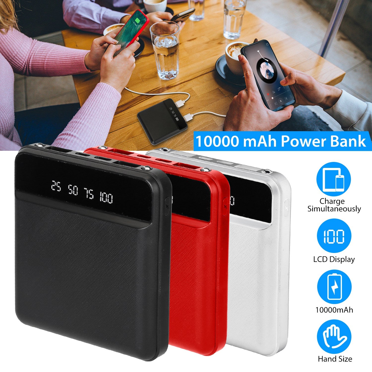 10000 mAh Portable Powerbank Mini with Dual USB Ports LCD Display Cheap With Credit Card