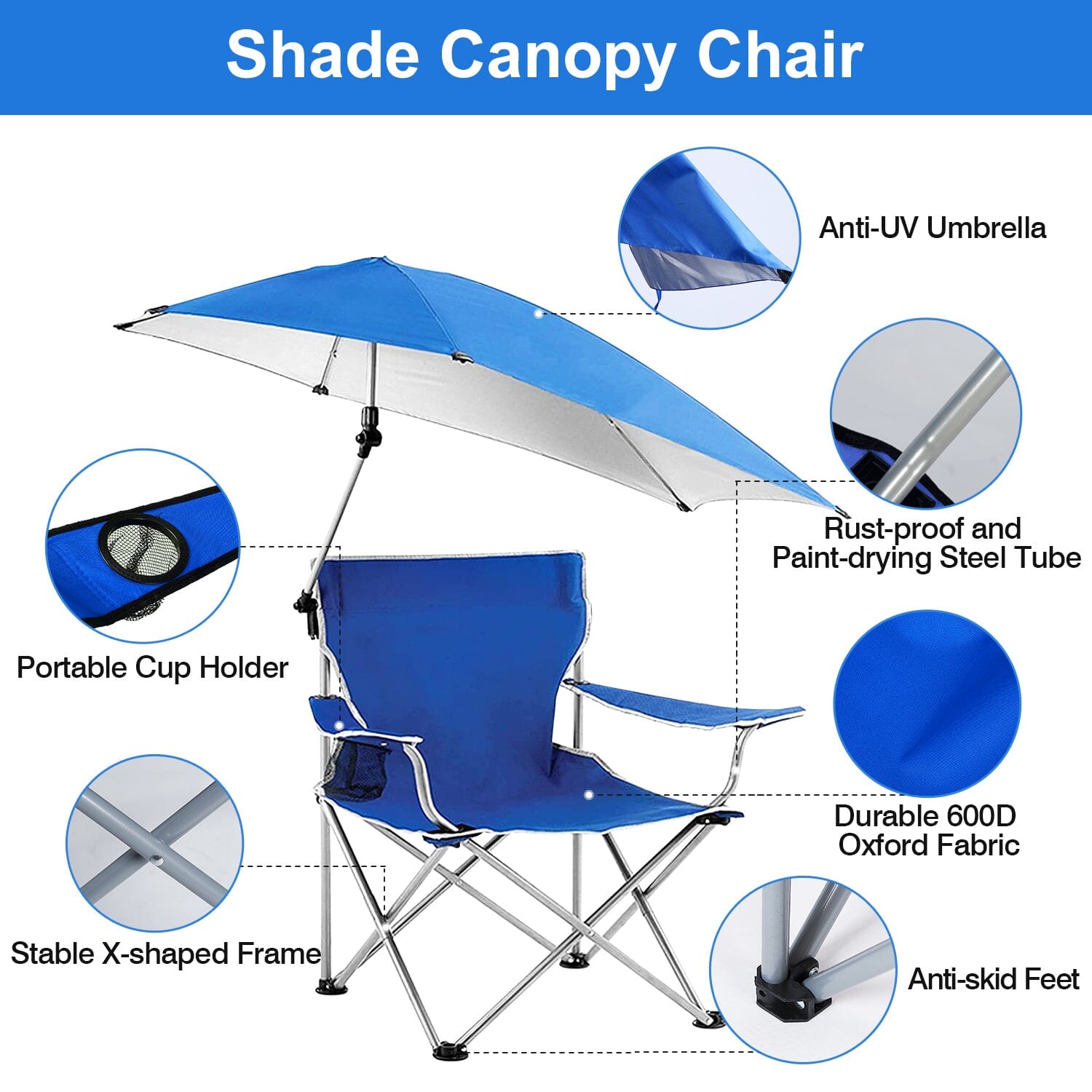 Foldable Beach Chair with Detachable Armrest Adjustable Canopy Stool with Cup Holder Tumblr