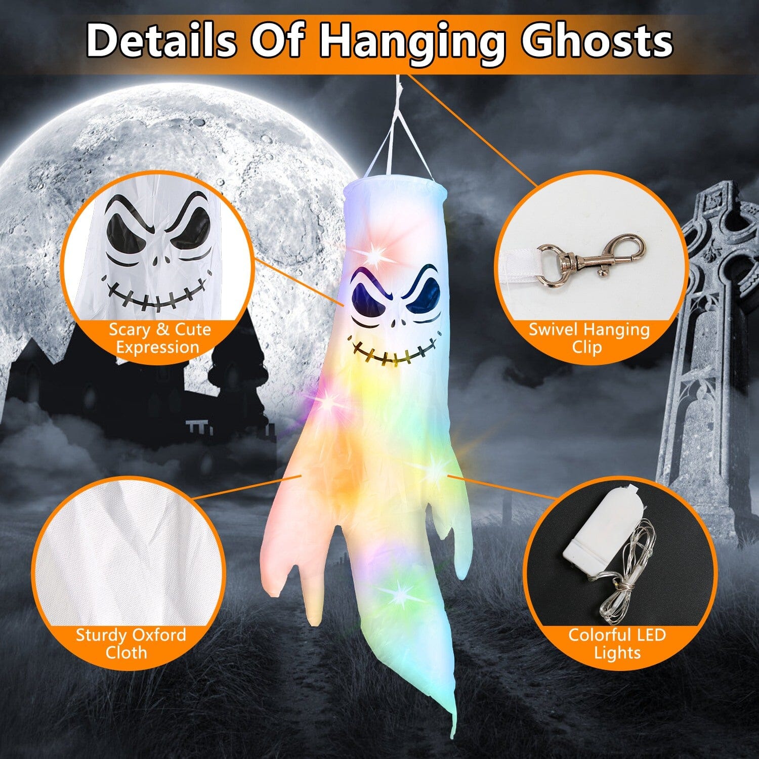 4-Pieces: Halloween Ghosts with Witch Hats Windsocks Hanging Decoration with Colorful LED Light For Sale 2025